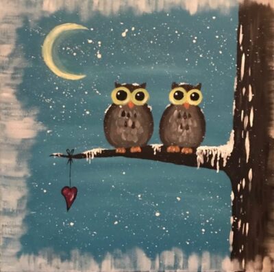 two owls on branch with snow and crescent moon