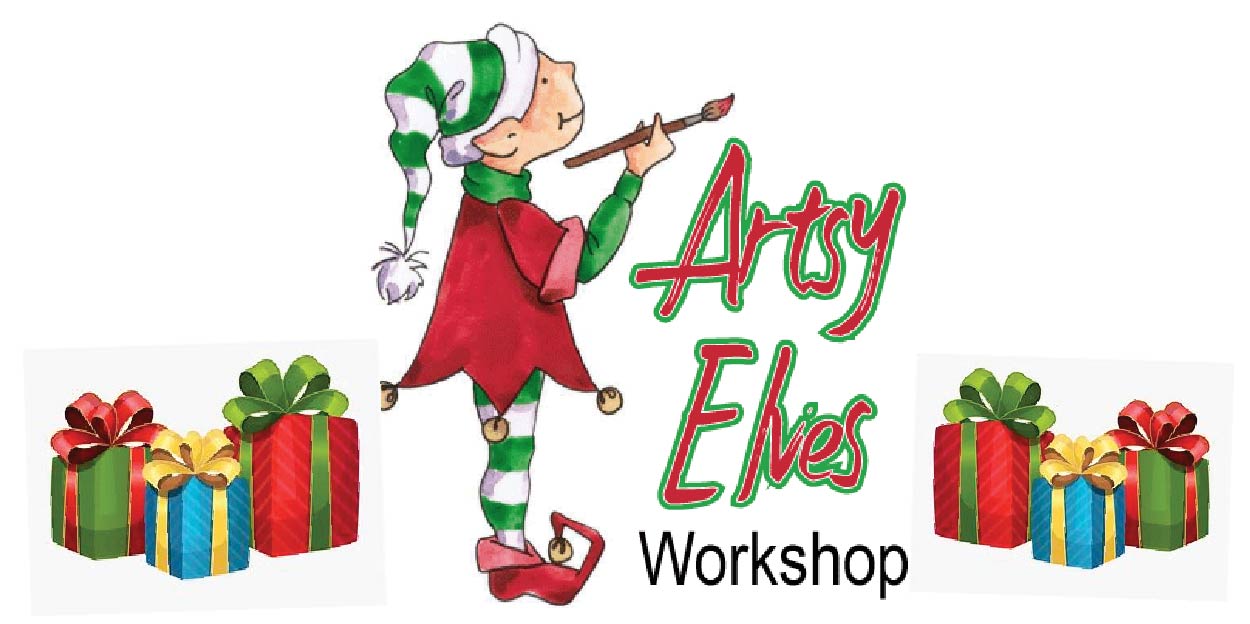 Graphic for "artsy elves workshop" featuring an elf in festive attire holding a pencil, with colorful gift boxes on both sides.