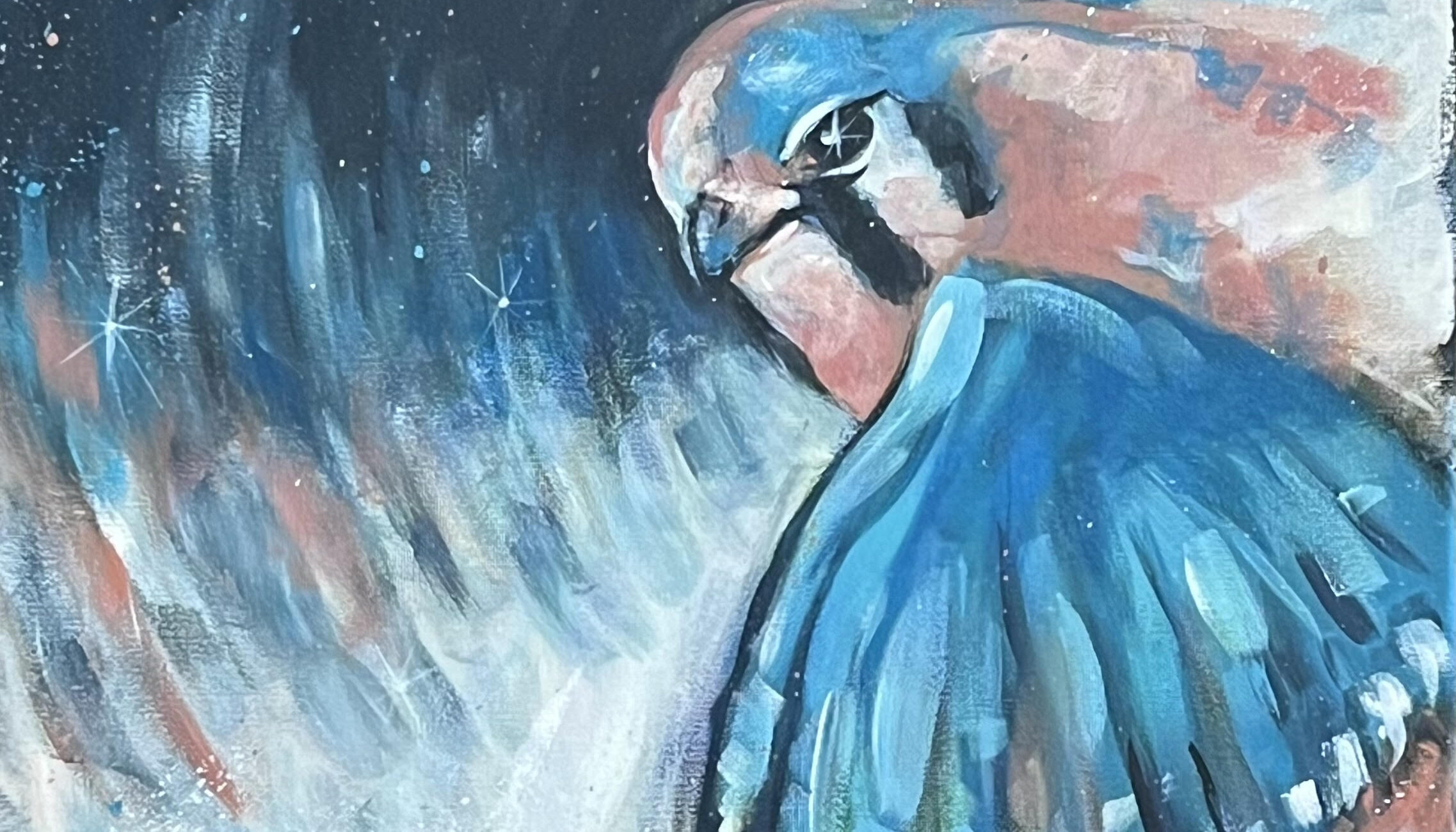 May 19-Create For A Cause at The Raptor Trust! COMING SOON! of a blue and grey bird with a vibrant cosmic background, featuring stars and sweeping lines of light.