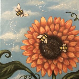 June 23-Paint & Pick at VonThun Farms! of a sunflower with two bees, one flying and one on the flower, against a blue sky background.