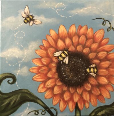 June 23-Paint & Pick at VonThun Farms! of a sunflower with two bees, one flying and one on the flower, against a blue sky background.