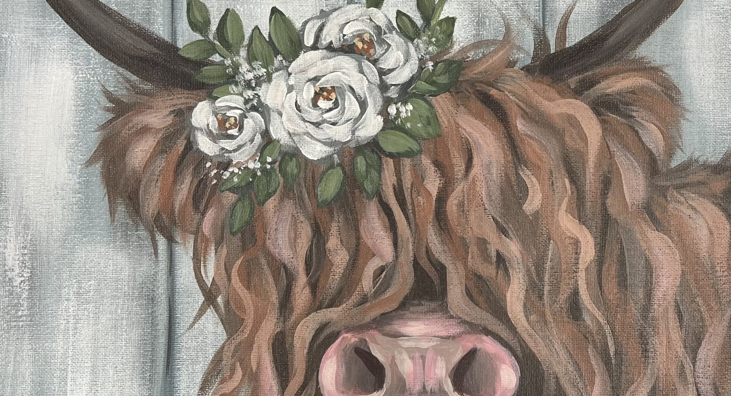 July 14-Paint & Pick at VonThun Farms! of a shaggy highland cow with white flowers and green leaves on its head, set against a striped gray background.