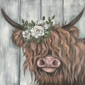 July 14-Paint & Pick at VonThun Farms! of a shaggy highland cow with white flowers and green leaves on its head, set against a striped gray background.