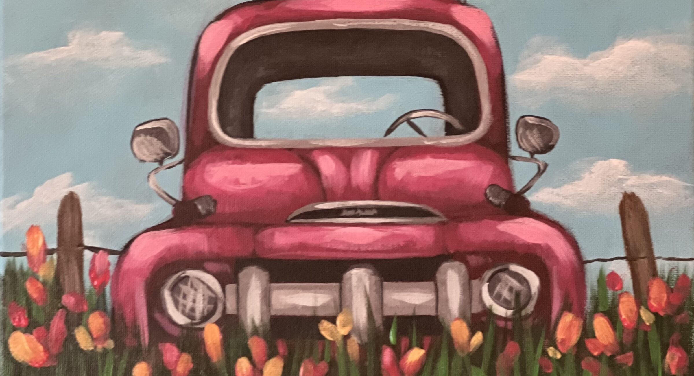 A vibrant painting of a pink vintage truck in a field of tulips with four birds perched on its roof under a blue sky.
Product Name: August 18-Paint & Pick at VonThun Farms!