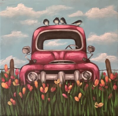 A vibrant painting of a pink vintage truck in a field of tulips with four birds perched on its roof under a blue sky.
Product Name: August 18-Paint & Pick at VonThun Farms!