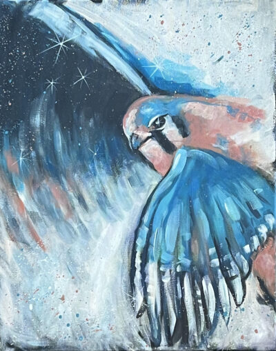 Abstract painting of a blue and black bird, possibly a falcon, in flight against a starry, cosmic background with splattered paint details created for Create For A Cause at the Raptor Trust!