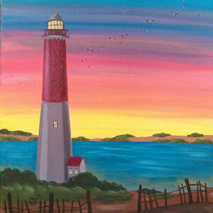 May 20 Paint & Sip at Scotty's Stadium Club of a white lighthouse with a red top, small house beside it, set against a sunset sky with flying birds, overlooking a sea with distant islands.
