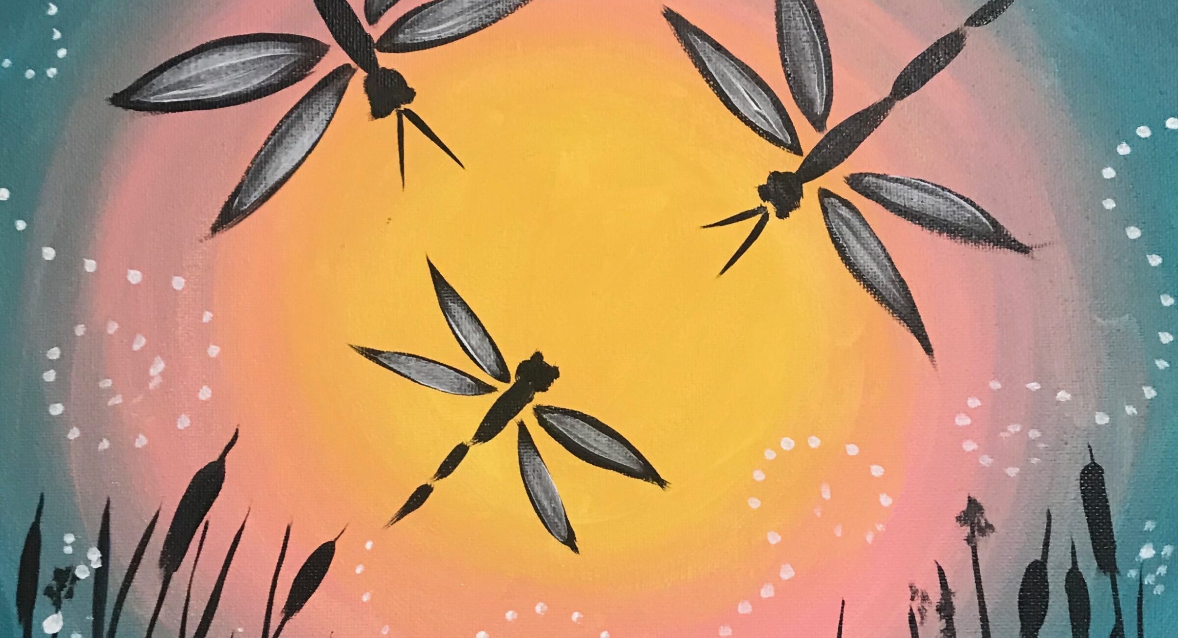 Three dragonflies with silhouetted bodies and wings fly in front of a large, glowing circular background, amidst a twilight scene with tall grass and white dotted accents for Aug.18-Create For A Cause! Paint & Sip Fundraiser To Support FurryTail Endings.