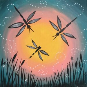 Three dragonflies with silhouetted bodies and wings fly in front of a large, glowing circular background, amidst a twilight scene with tall grass and white dotted accents for Aug.18-Create For A Cause! Paint & Sip Fundraiser To Support FurryTail Endings.