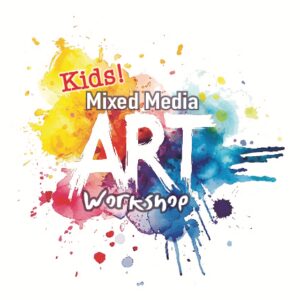 Colorful Kids' Mixed Media Art Workshop logo with paint splashes.