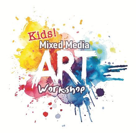 Colorful Kids' Mixed Media Art Workshop logo with paint splashes.