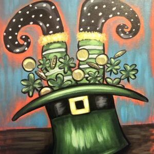 Leprechaun hat with shamrocks and coins.