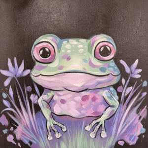 Colorful frog illustration with purple flowers.