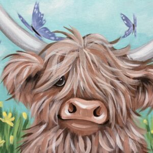 Highland cow with butterflies and flowers.