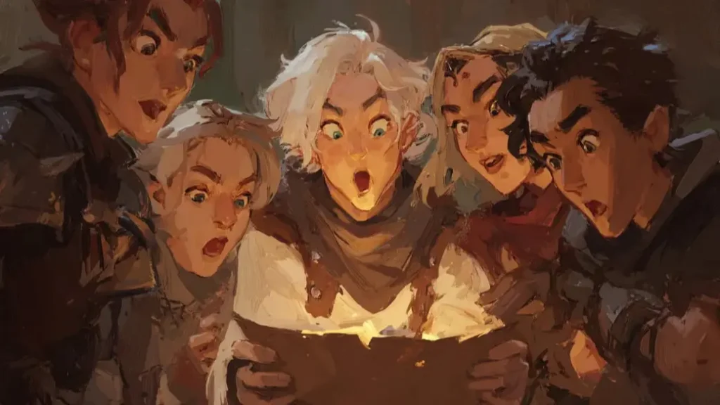 Five adventurers mesmerized by glowing tome